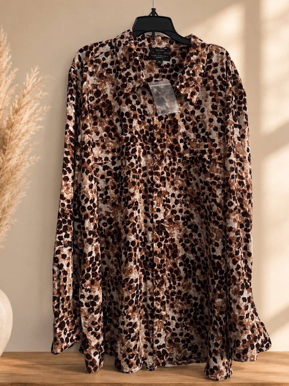 Olivia Investments Woman Brown Leopard Print Button Front Blouse 2X